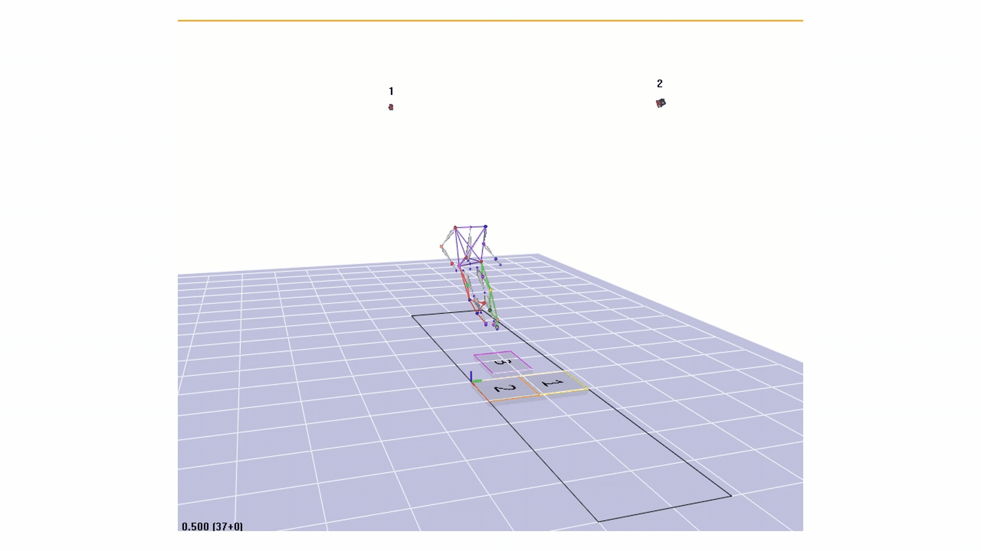 biomechanics lab visualization of a person running and cutting at a 45-degree angle