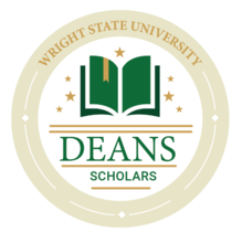 Round badge with words Wright State University Deans Scholars and the image of a book.