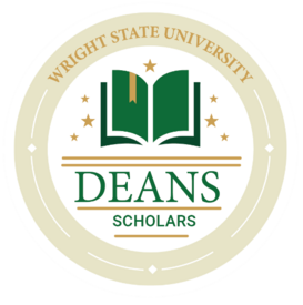 Round badge with words Wright State University Deans Scholars and the image of a book.